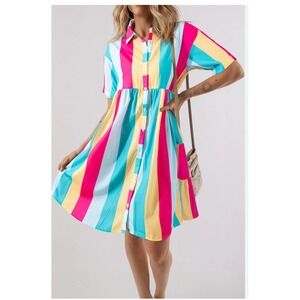 Fantastic Fawn Rainbow Sherbet Stripe Baby Doll Dress Medium Boutique Shirtdress